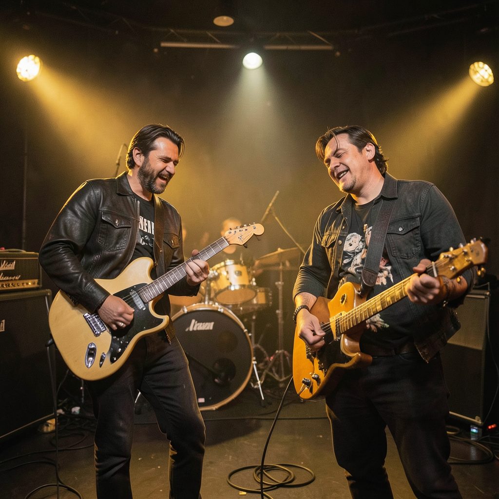 Dos músicos en un escenario pequeño, luces tenues de color ámbar, ambiente de club nocturno