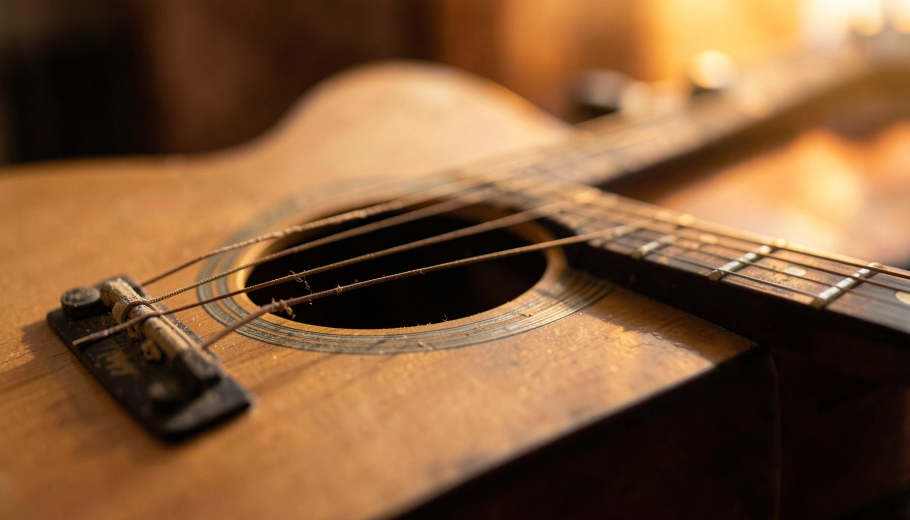 Primer plano de una guitarra acústica con cuerdas desgastadas sobre un fondo cálido de tonos marrones y dorados.