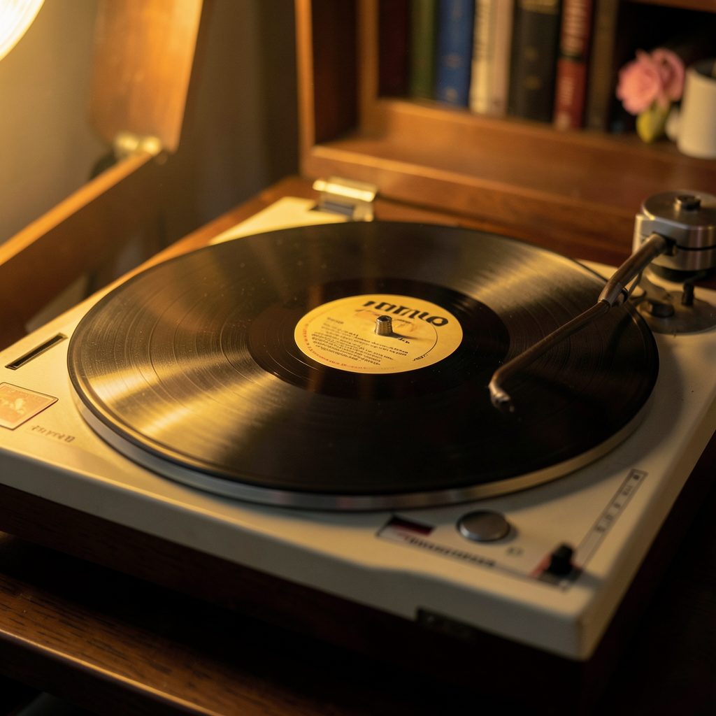 Un vinilo girando sobre un tocadiscos retro, con una luz dorada que baña la escena.