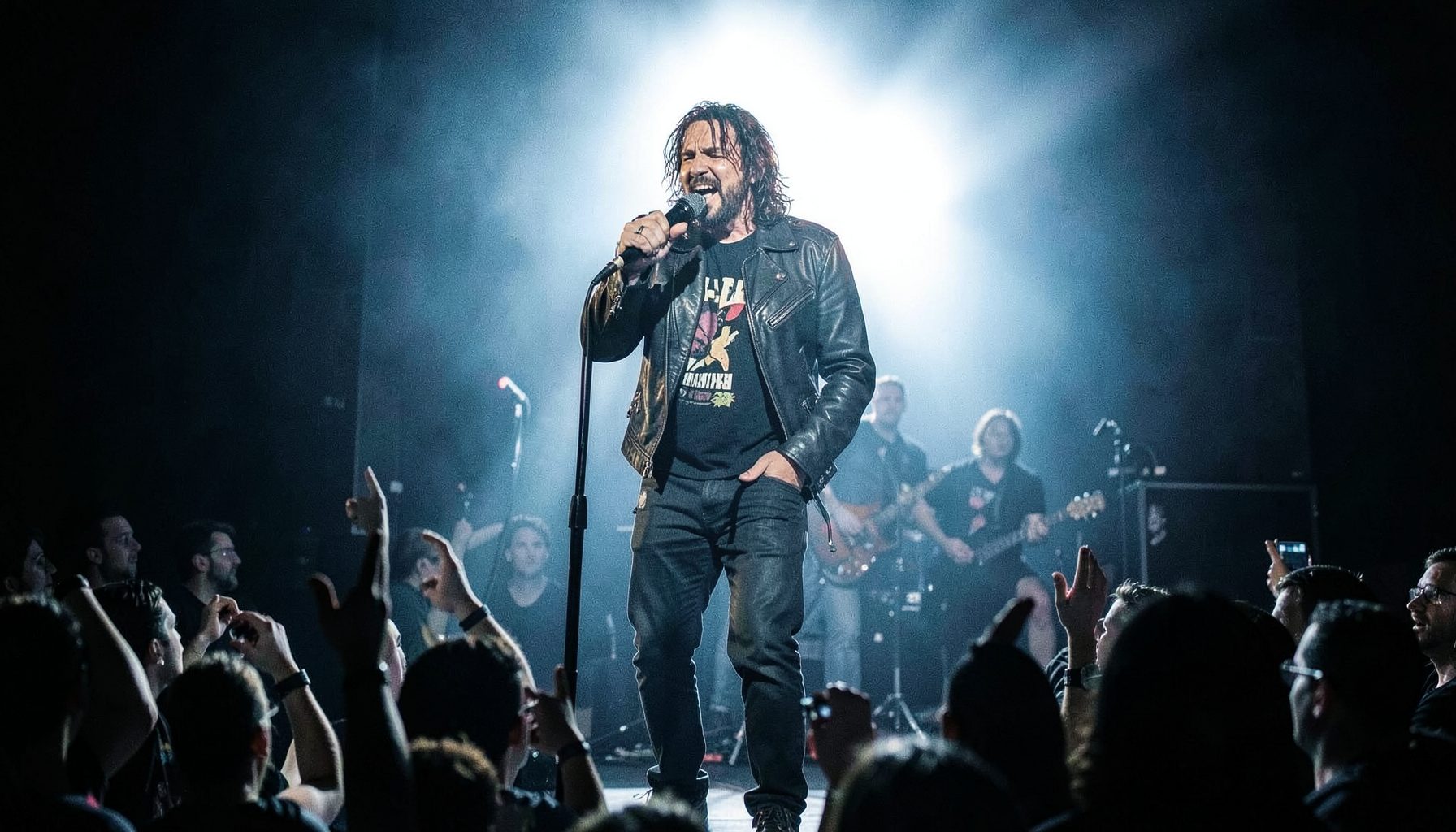 Cantante de rock español con micrófono de pie, iluminado por un foco blanco intenso, con la banda detrás en silueta y el público entregado