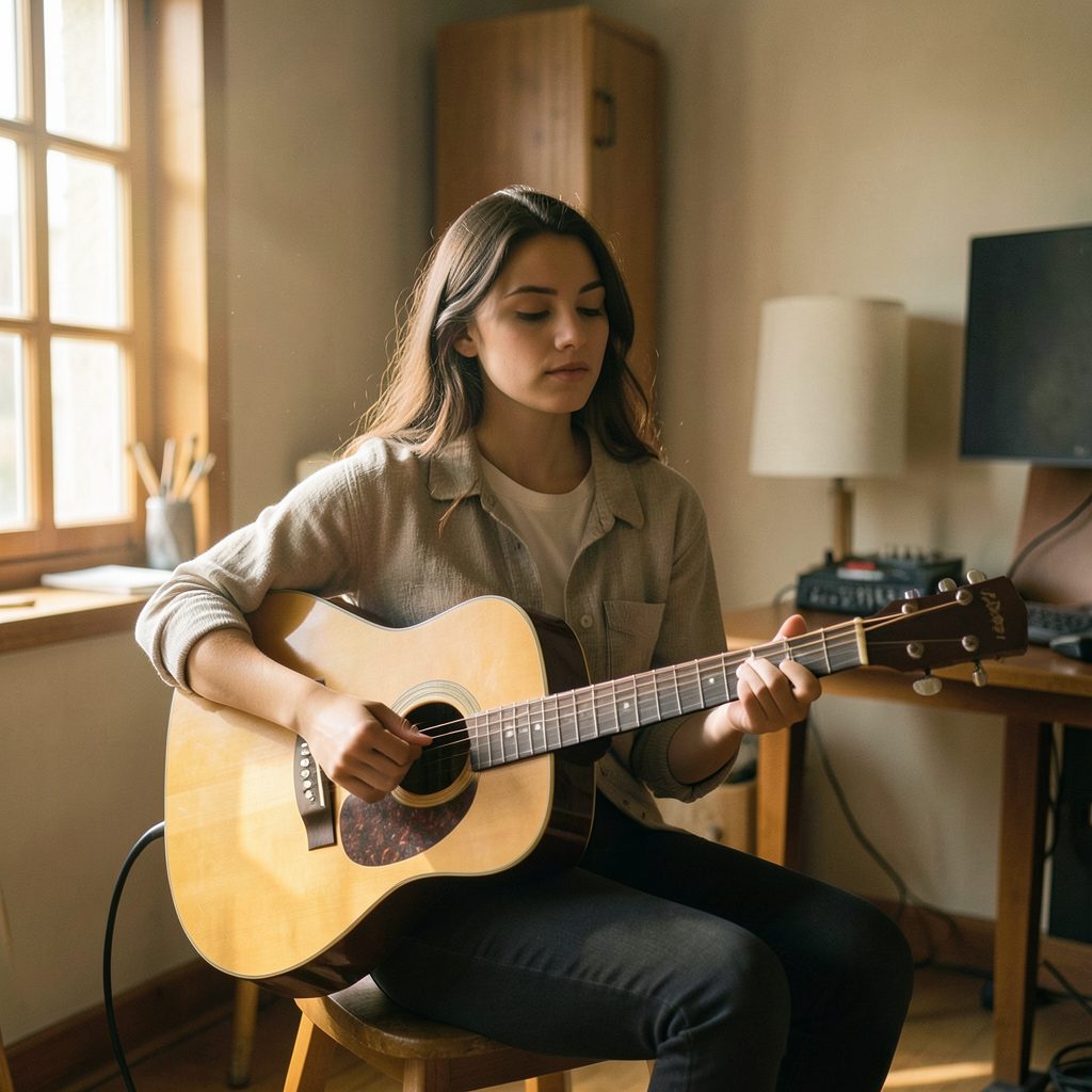 Una joven con guitarra en un estudio íntimo, luz natural entrando por una ventana, tonos cálidos y suaves.