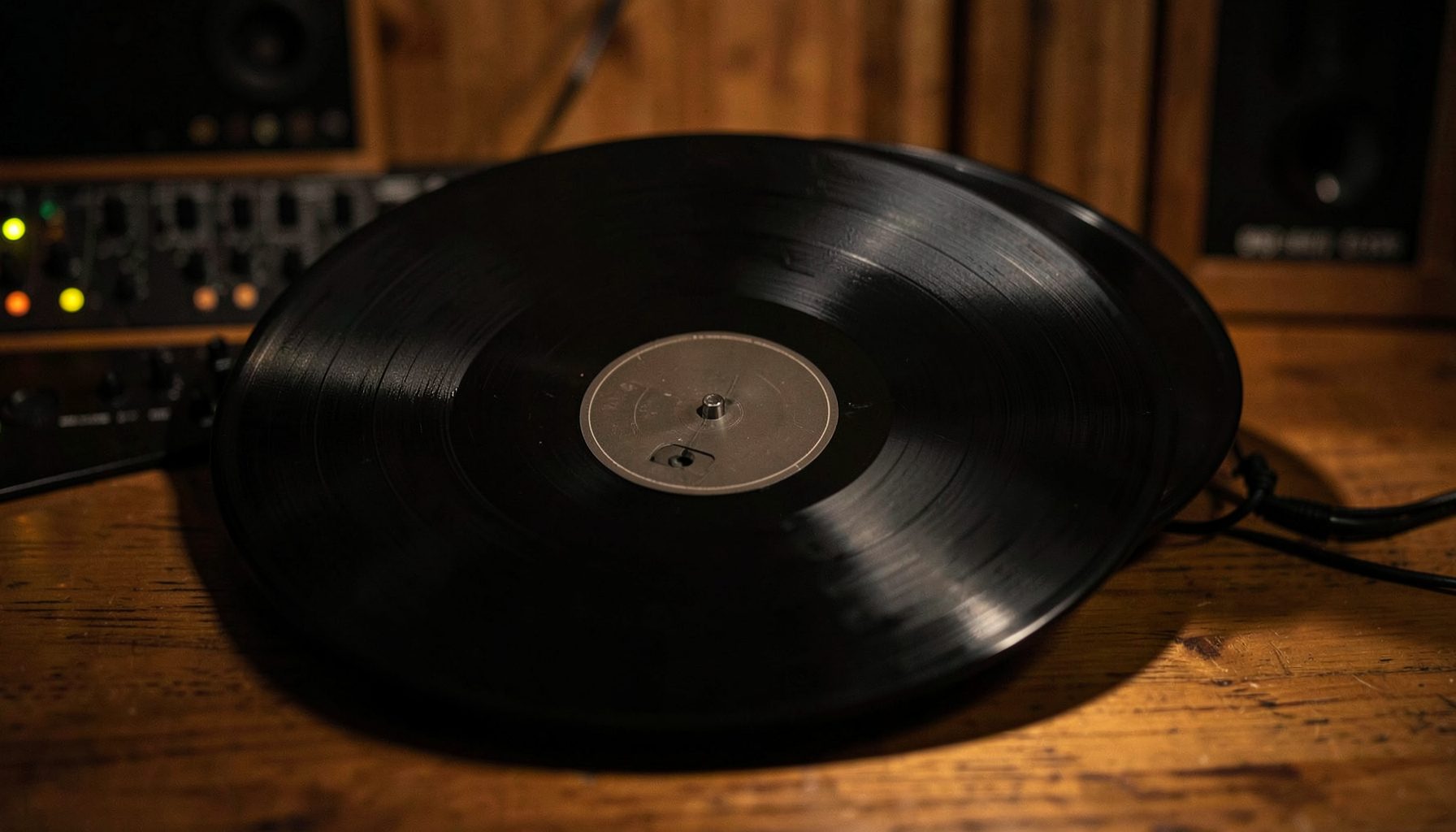 Primer plano de un vinilo negro sobre una superficie de madera cálida, con luz tenue y ambiente íntimo de sala de escucha.